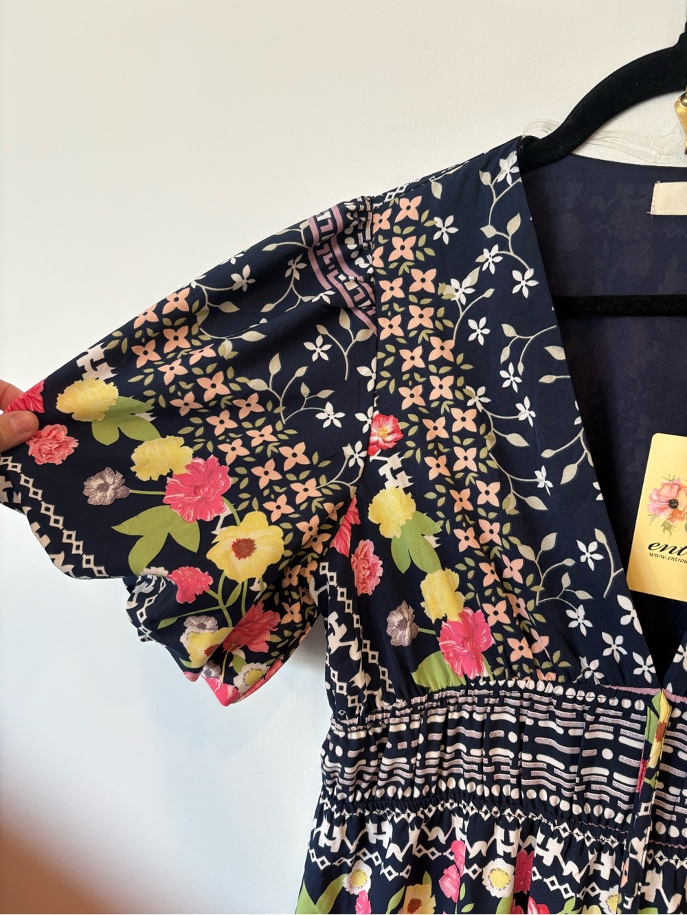 NEW Entro Navy Floral Midi Dress with Pink & Lime Accents large nwt - Picture 3 of 14